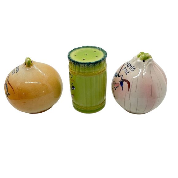 Anthropomorphic Salt Shakers Celery Onion Garlic Vegetable Head Vintage Norcrest - Picture 2 of 12
